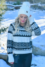 Aspen Strolls Jacquard Knit Cable Sweater : Black/Ivory