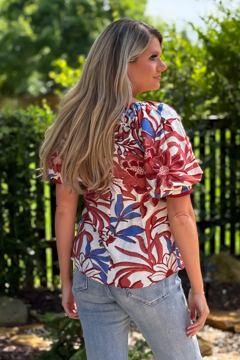 Kieryn Printed Banded Sleeve Blouse : Red Bean