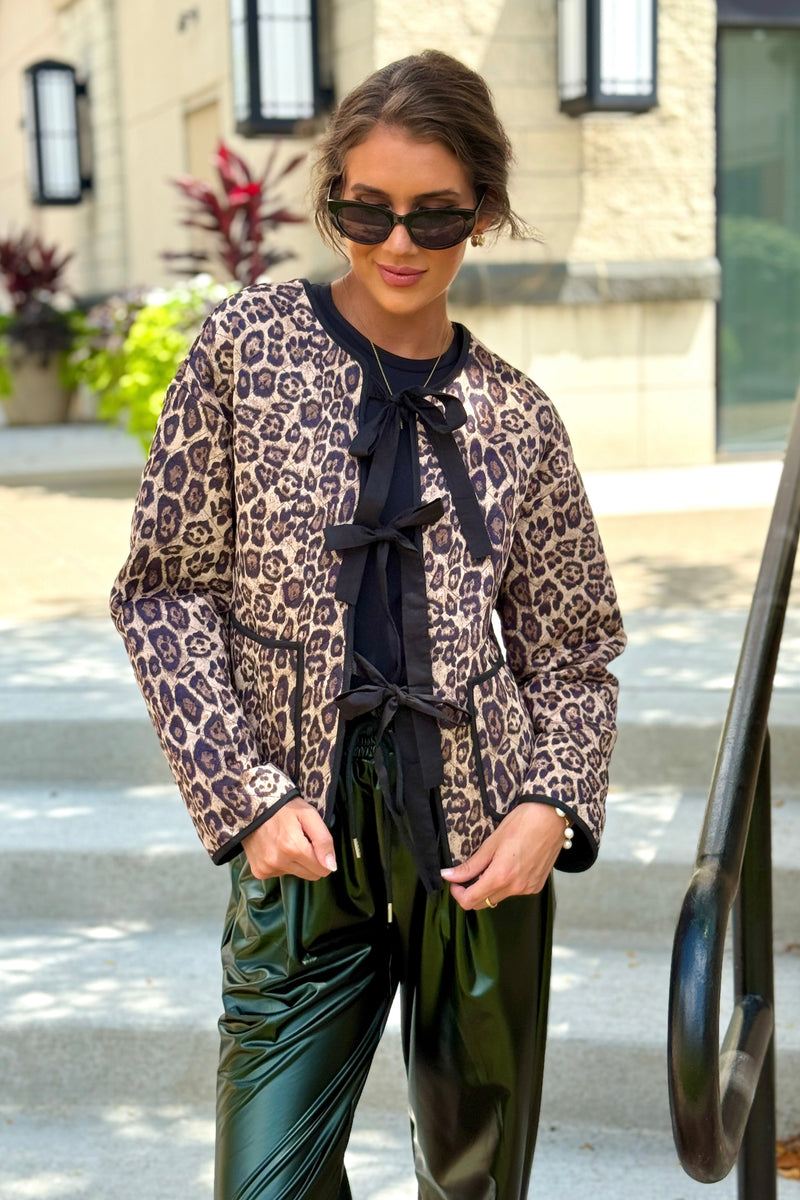 Rhea Leopard Print Tie Front jacket : Taupe