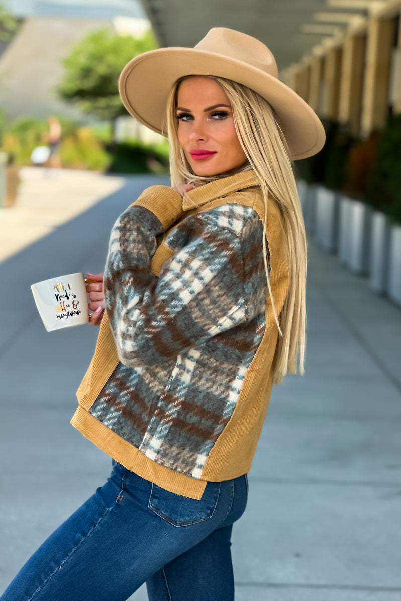 Let's Go There Plaid Contrast Corduroy Jacket : Camel/Blue/Brown