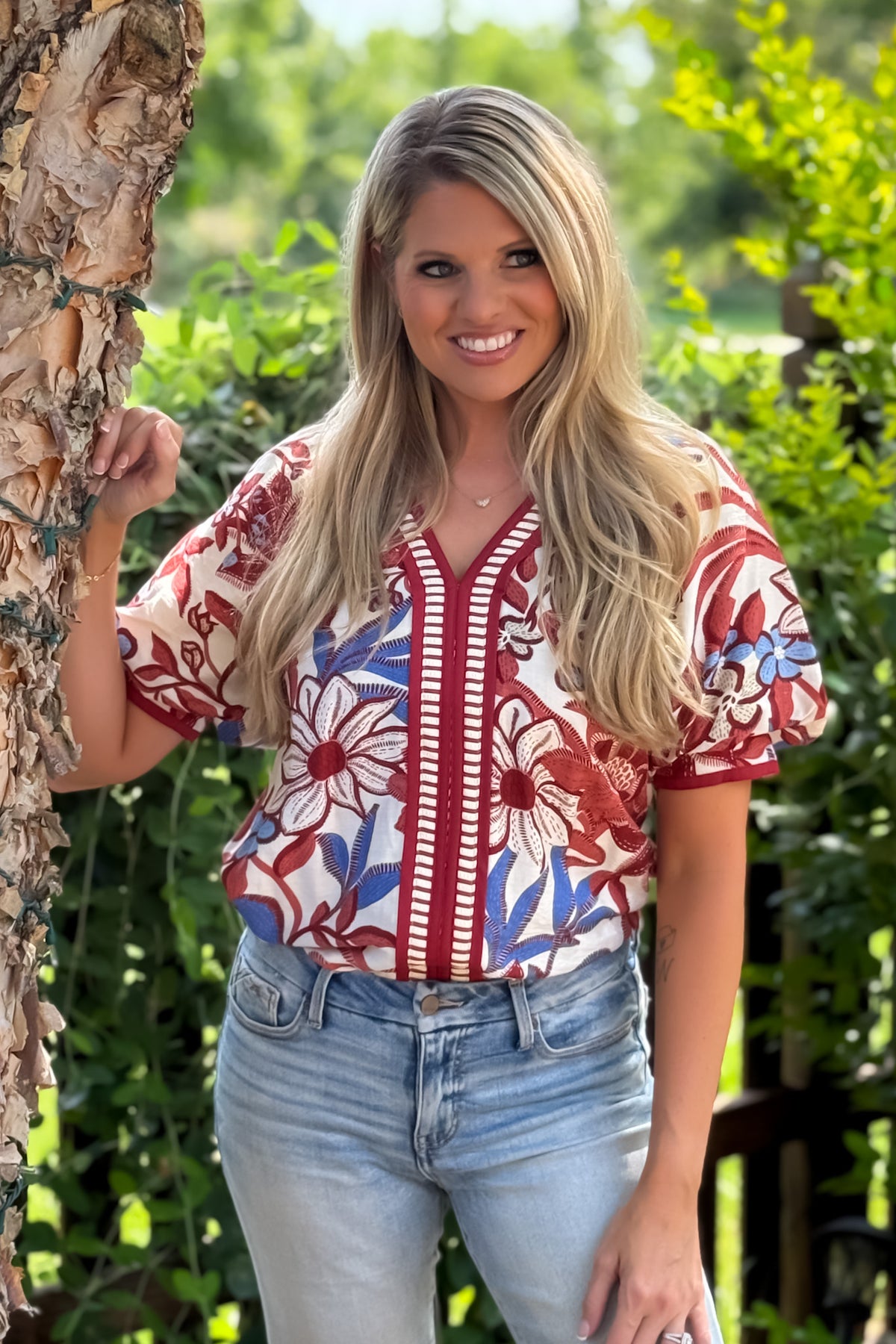 Kieryn Printed Banded Sleeve Blouse : Red Bean