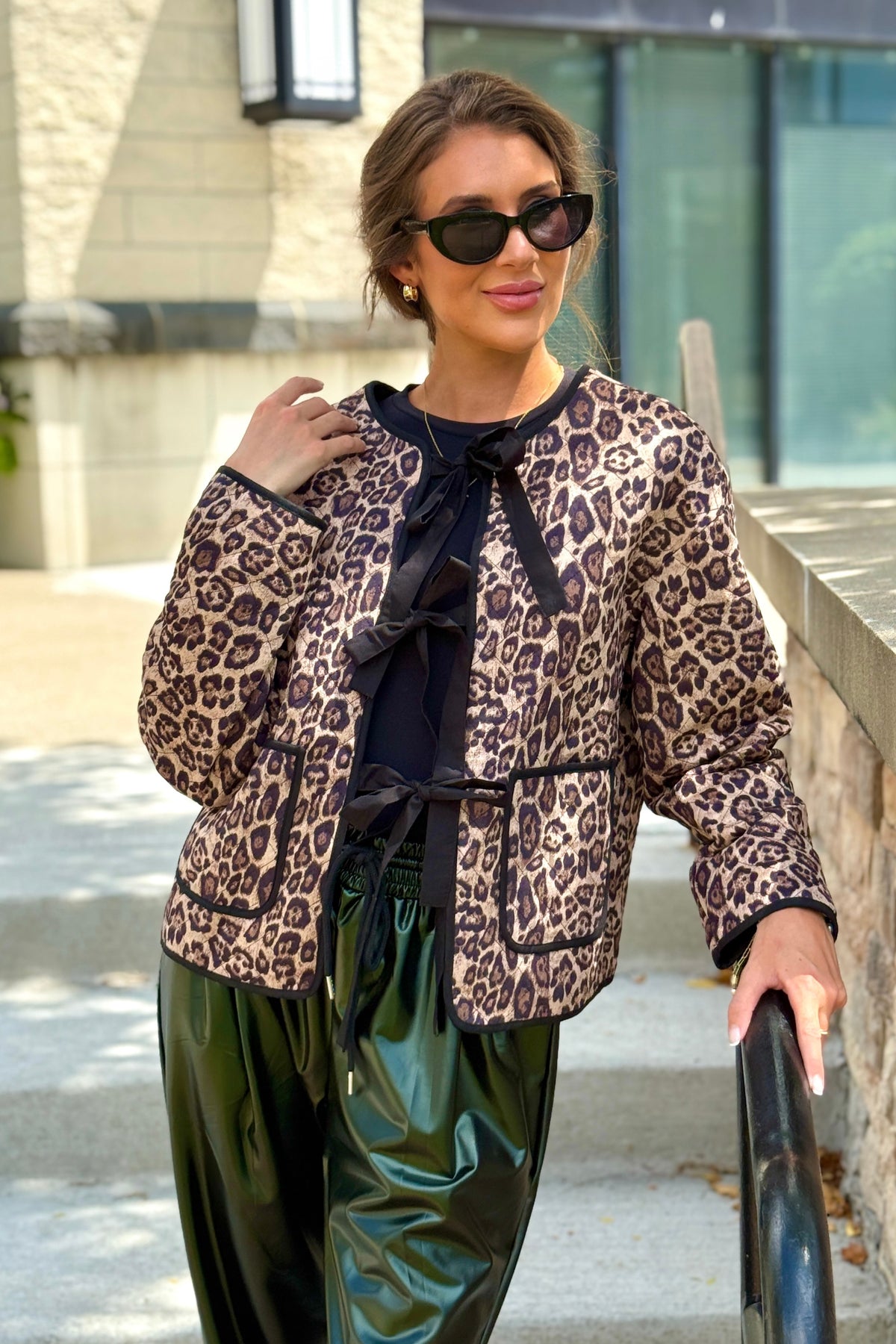 Rhea Leopard Print Tie Front jacket : Taupe