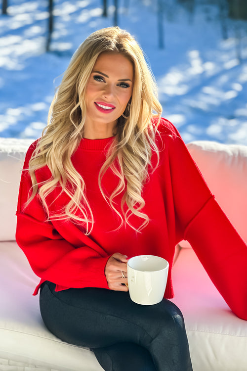 Cozy Era Relaxed Cropped Sweater : Red