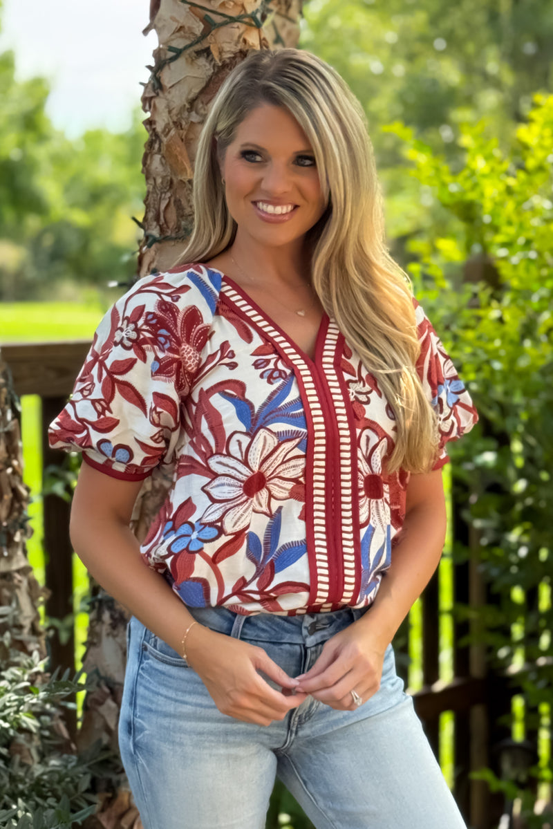 Kieryn Printed Banded Sleeve Blouse : Red Bean
