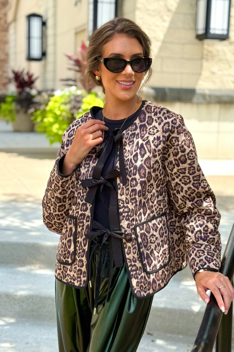 Rhea Leopard Print Tie Front jacket : Taupe
