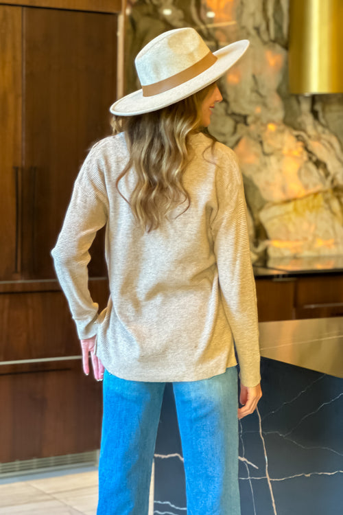 Day Cafe Split Neck Waffle Knit Top : Taupe