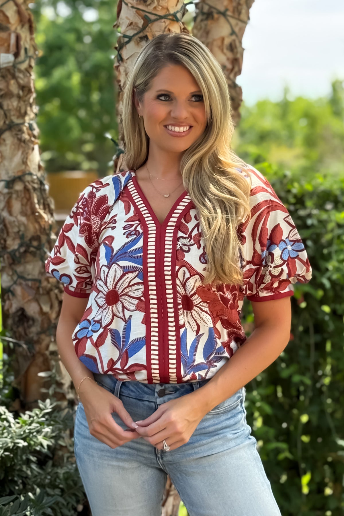 Kieryn Printed Banded Sleeve Blouse : Red Bean