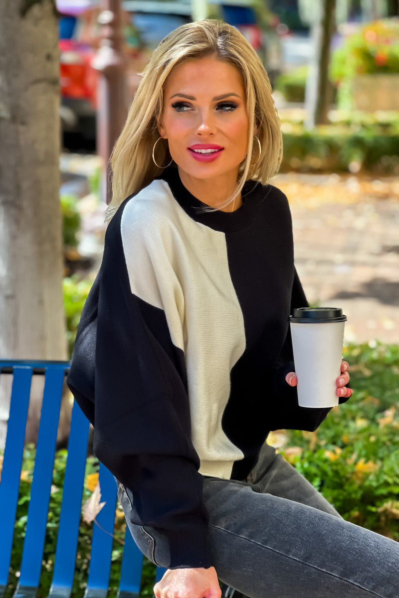 All In The Look Color Block Dolman Sleeve Sweater : Black/White