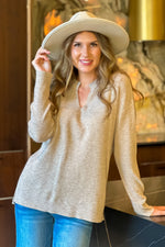 Day Cafe Split Neck Waffle Knit Top : Taupe