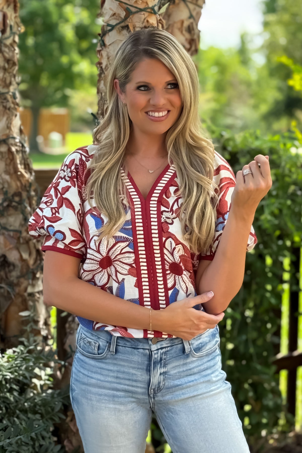 Kieryn Printed Banded Sleeve Blouse : Red Bean