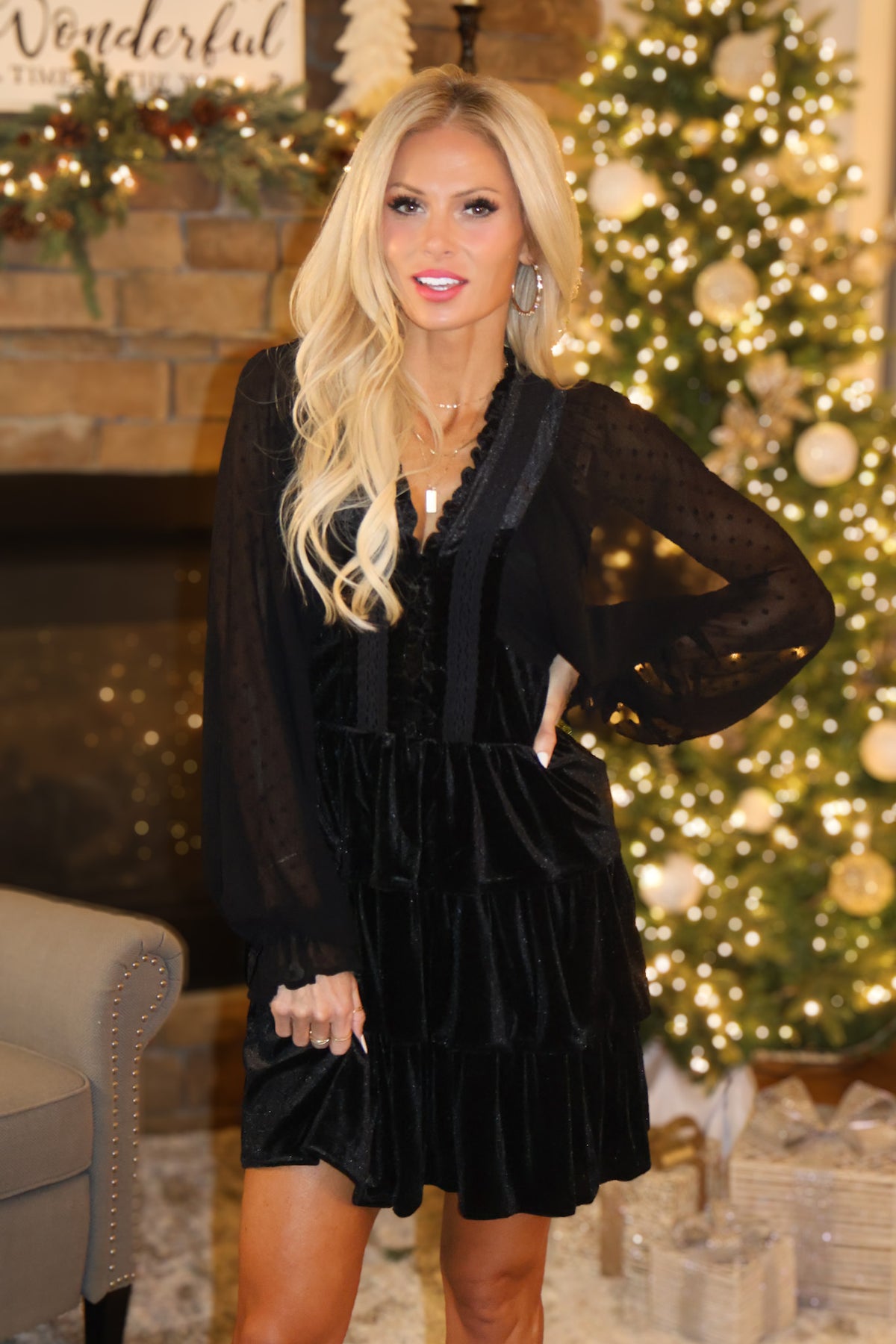 Lucerne Lace Detail Tiered Velvet Dress : Black