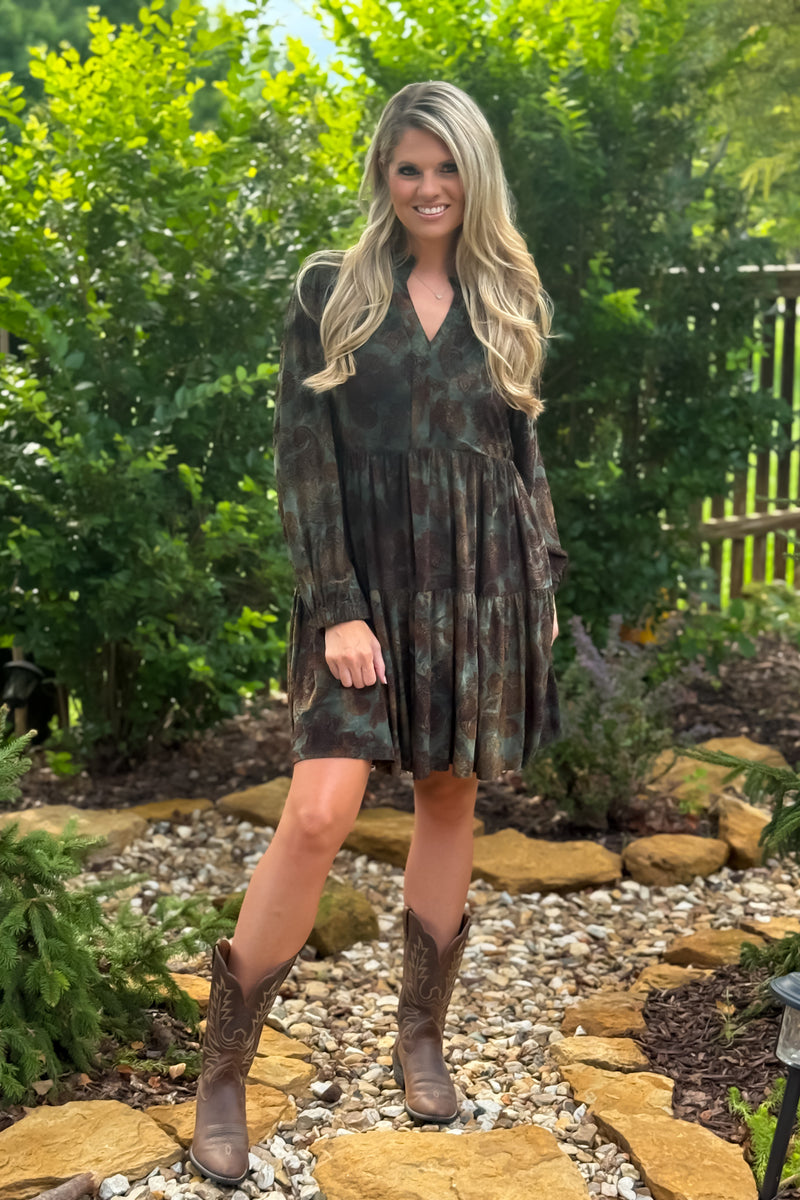 Knoxlee V neck Printed Dress : Olive
