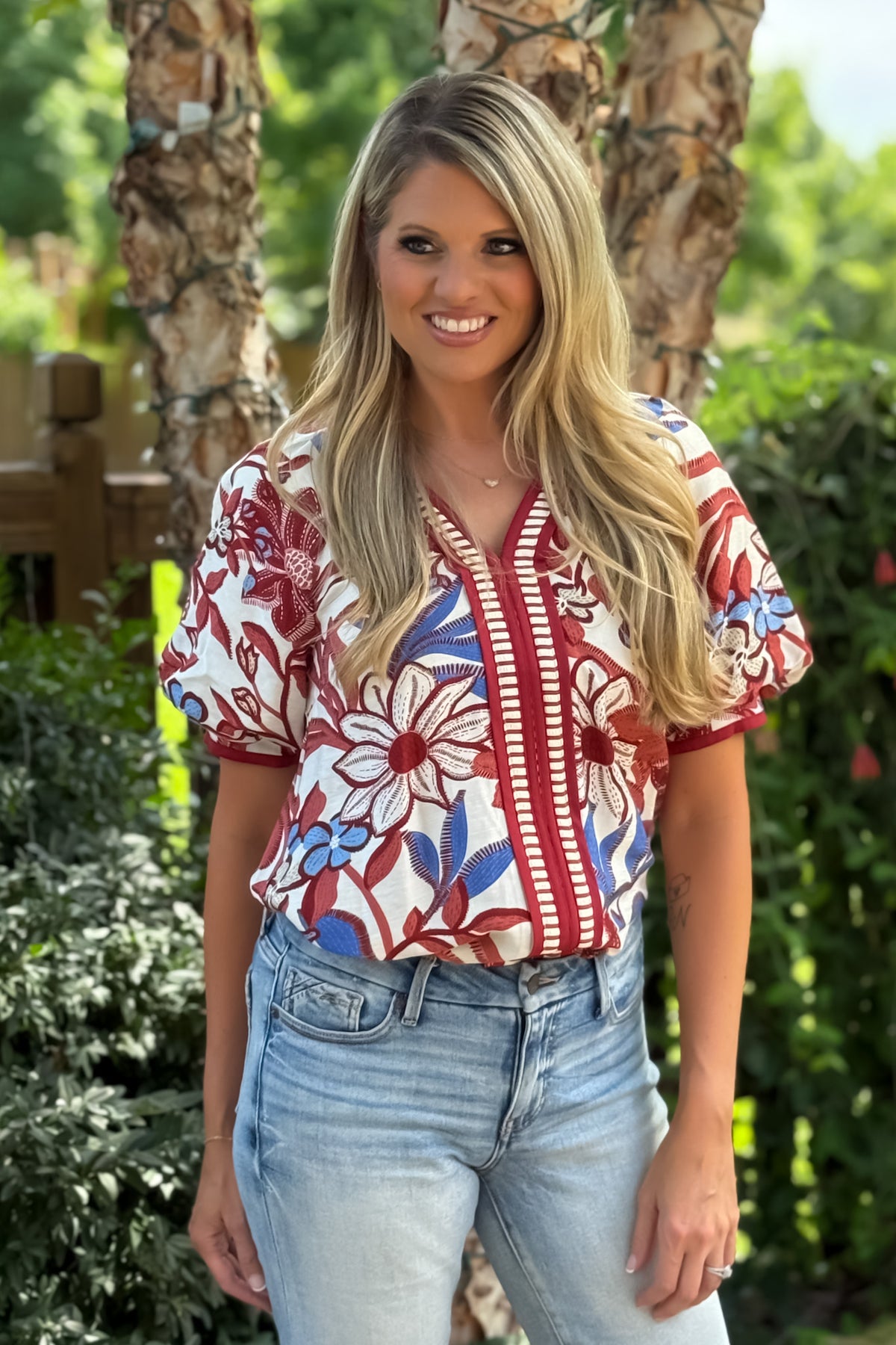 Kieryn Printed Banded Sleeve Blouse : Red Bean