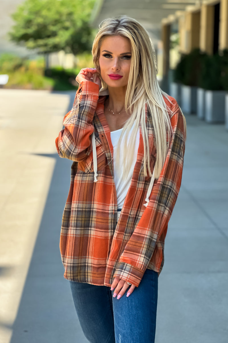 Fall Traditions Plaid Removable Hood Flannel : Rust/Beige