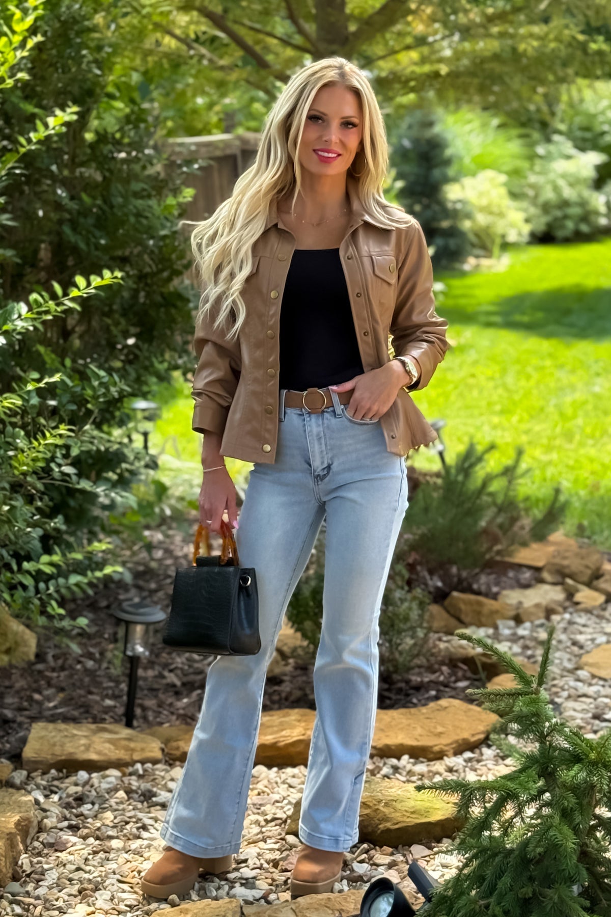 Monroe Cinched 3/4 Sleeve Faux Leather Jacket : Camel