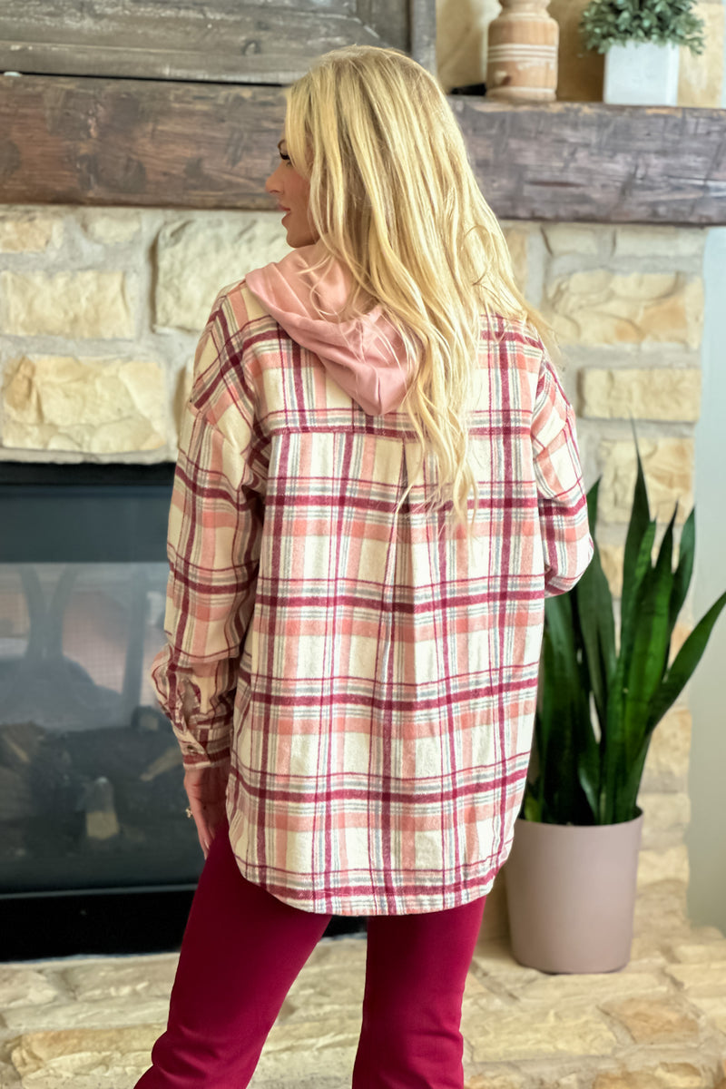 Lynda Hooded Button Down Shacket : Pink