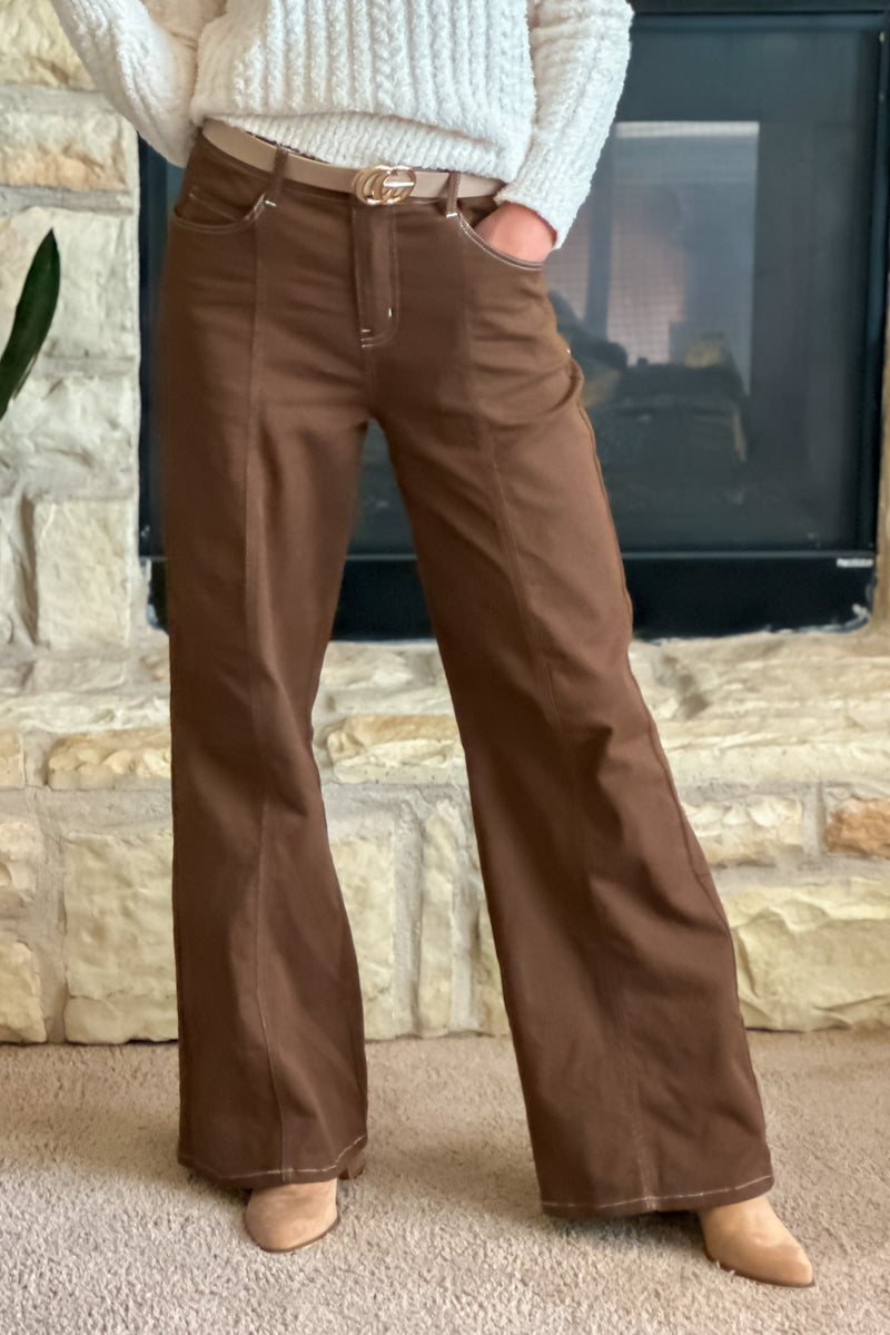 Angelique Denim Pants w/ Contrast Stitch : Brown