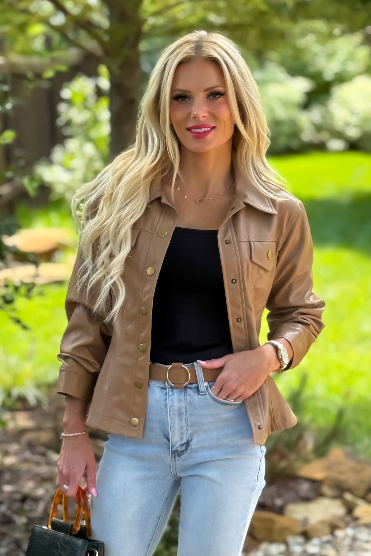 Monroe Cinched 3/4 Sleeve Faux Leather Jacket : Camel