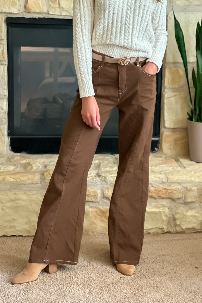 Angelique Denim Pants w/ Contrast Stitch : Brown