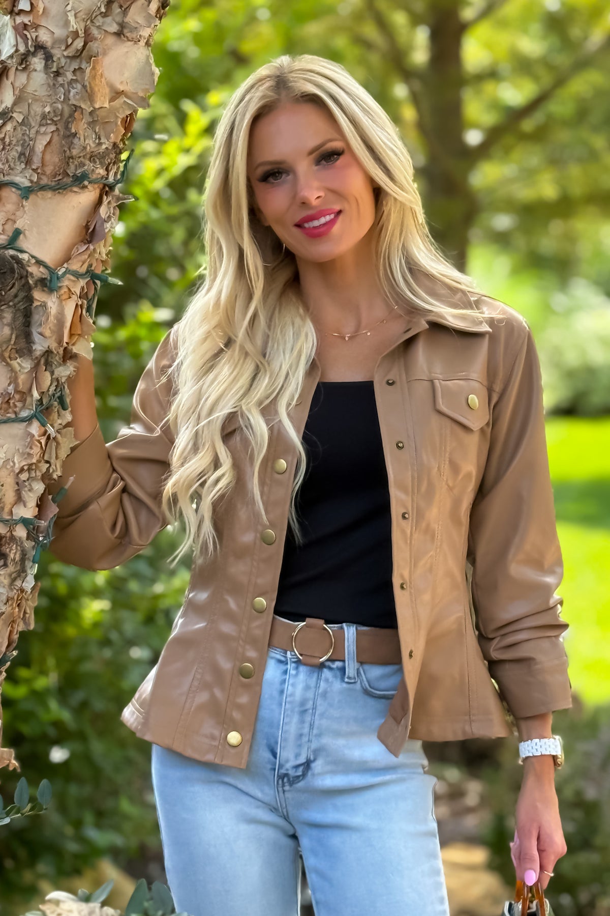 Monroe Cinched 3/4 Sleeve Faux Leather Jacket : Camel