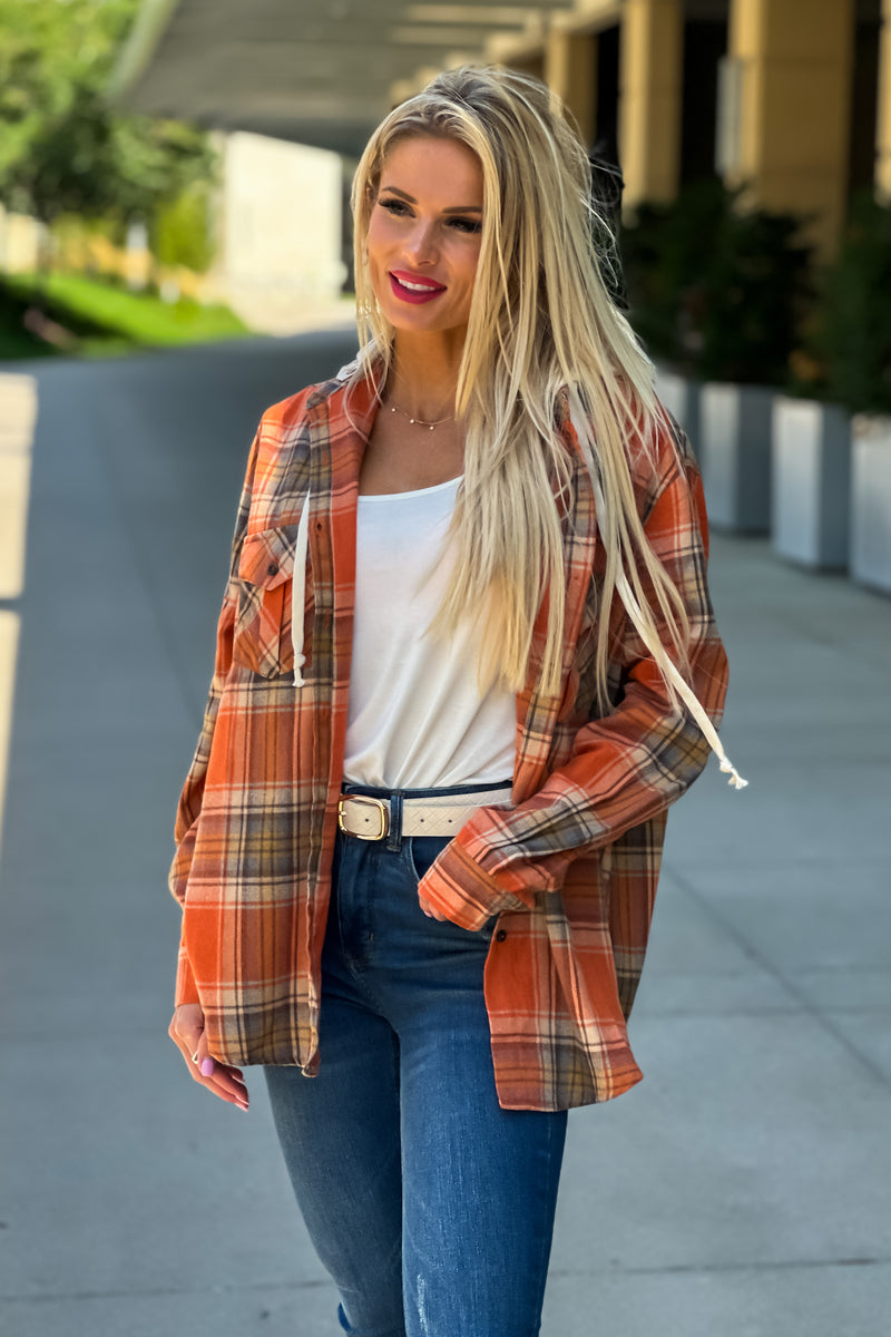 Fall Traditions Plaid Removable Hood Flannel : Rust/Beige