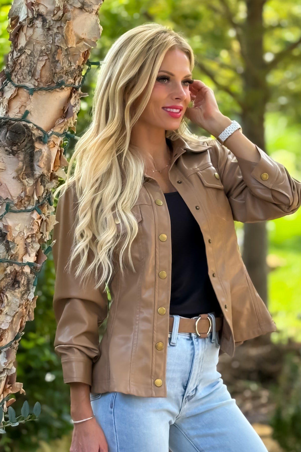 Monroe Cinched 3/4 Sleeve Faux Leather Jacket : Camel