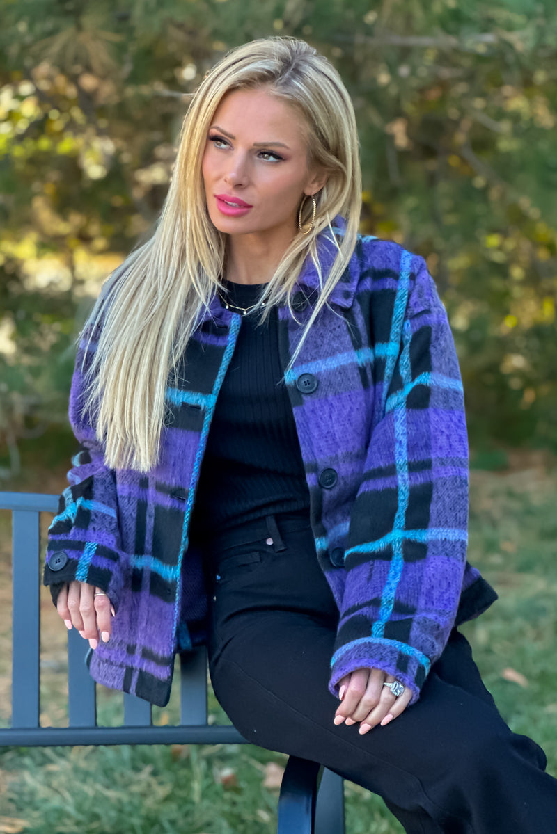 Lonny Button Down Plaid Shacket : Violet