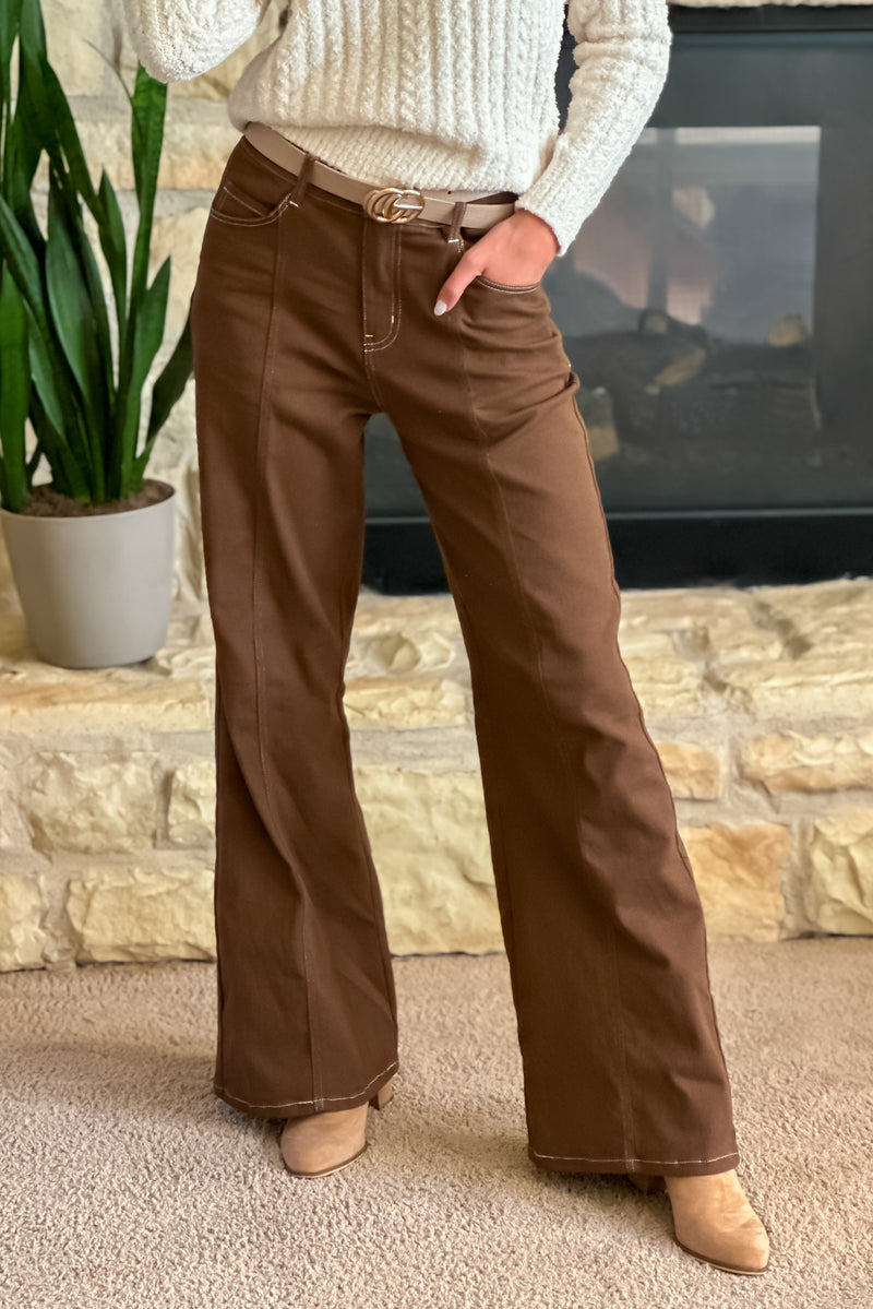 Angelique Denim Pants w/ Contrast Stitch : Brown