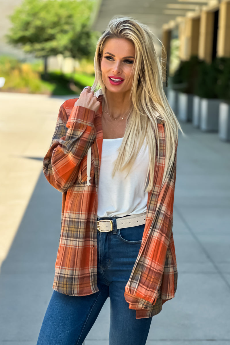 Fall Traditions Plaid Removable Hood Flannel : Rust/Beige