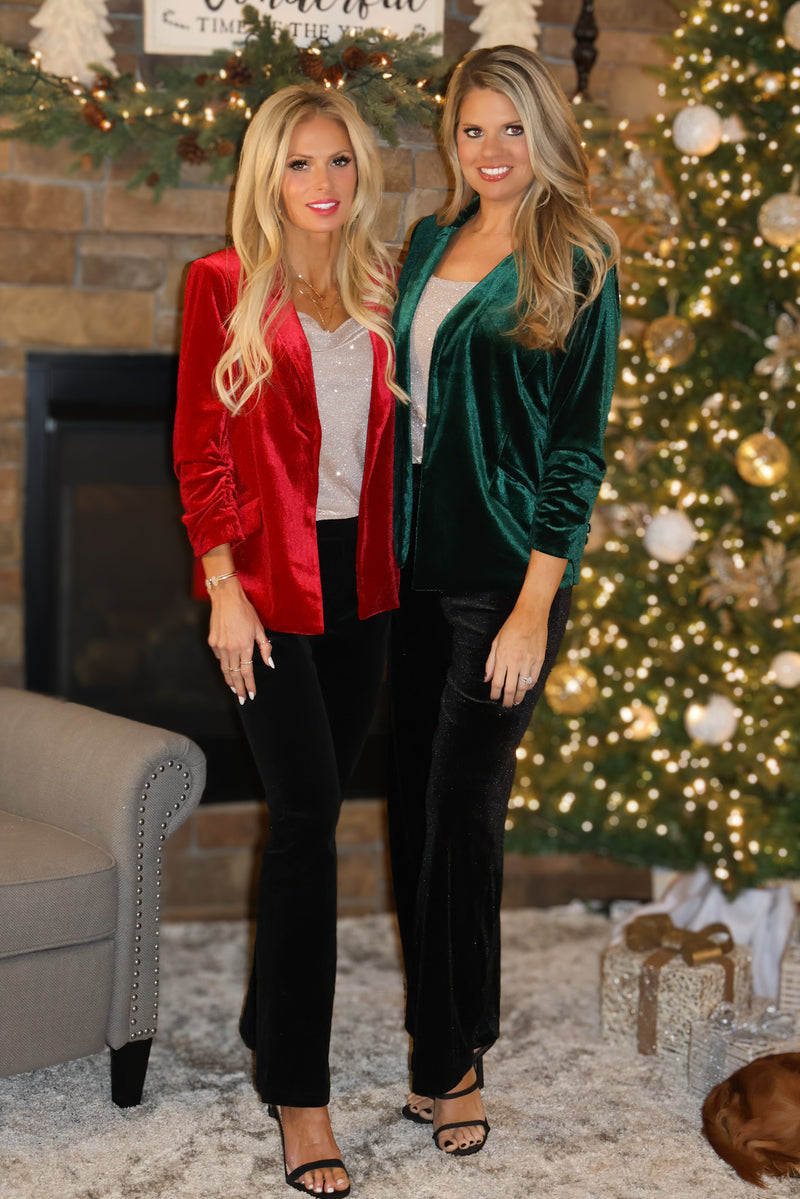 Venetia Button Detail Velvet Blazer : Red