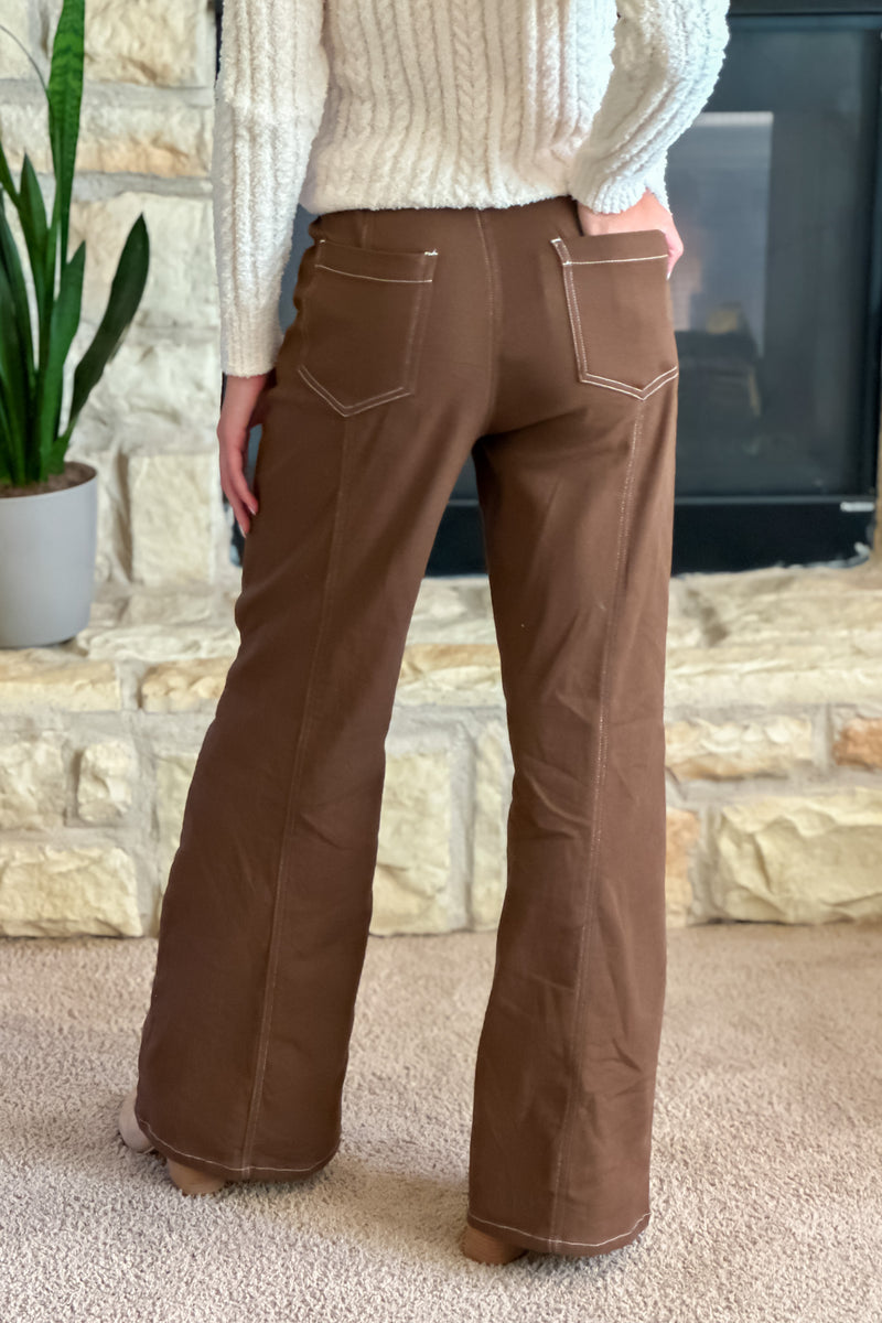 Angelique Denim Pants w/ Contrast Stitch : Brown