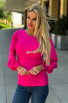 Together Again Pleated Sleeve Ribbed Sweater : Hot Pink