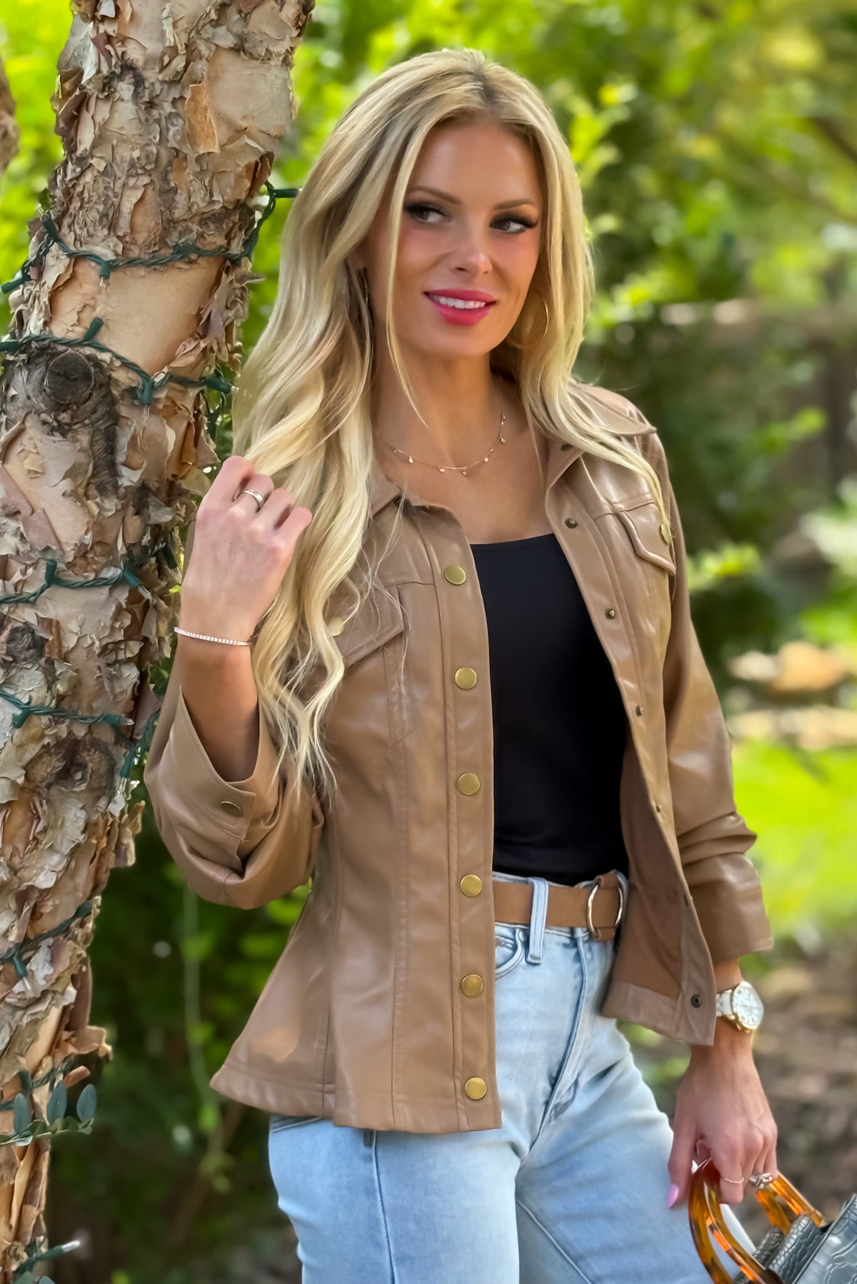 Monroe Cinched 3/4 Sleeve Faux Leather Jacket : Camel