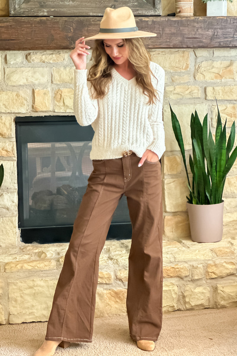 Angelique Denim Pants w/ Contrast Stitch : Brown