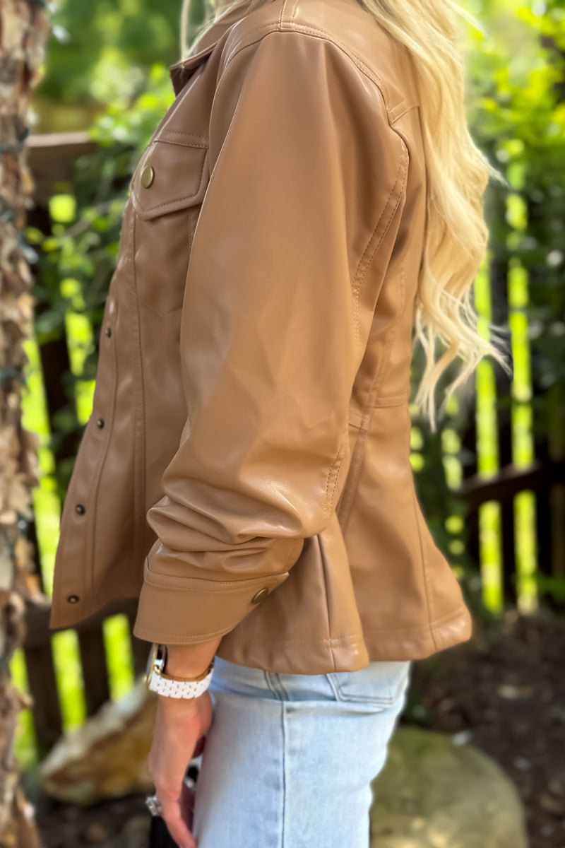 Monroe Cinched 3/4 Sleeve Faux Leather Jacket : Camel