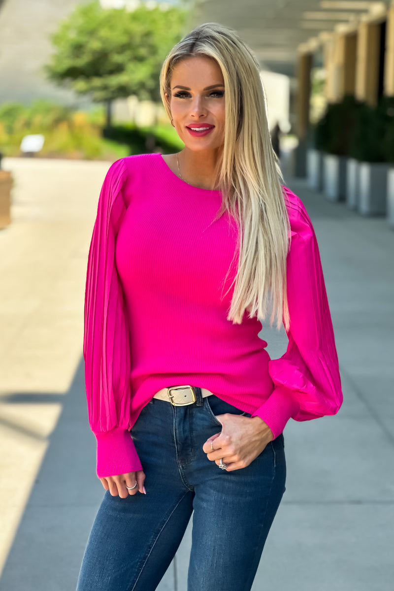 Together Again Pleated Sleeve Ribbed Sweater : Hot Pink