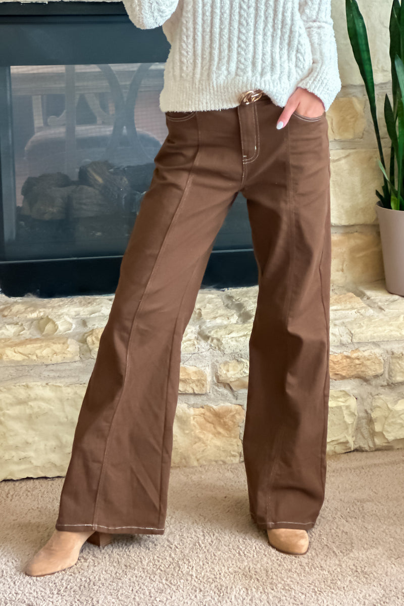 Angelique Denim Pants w/ Contrast Stitch : Brown