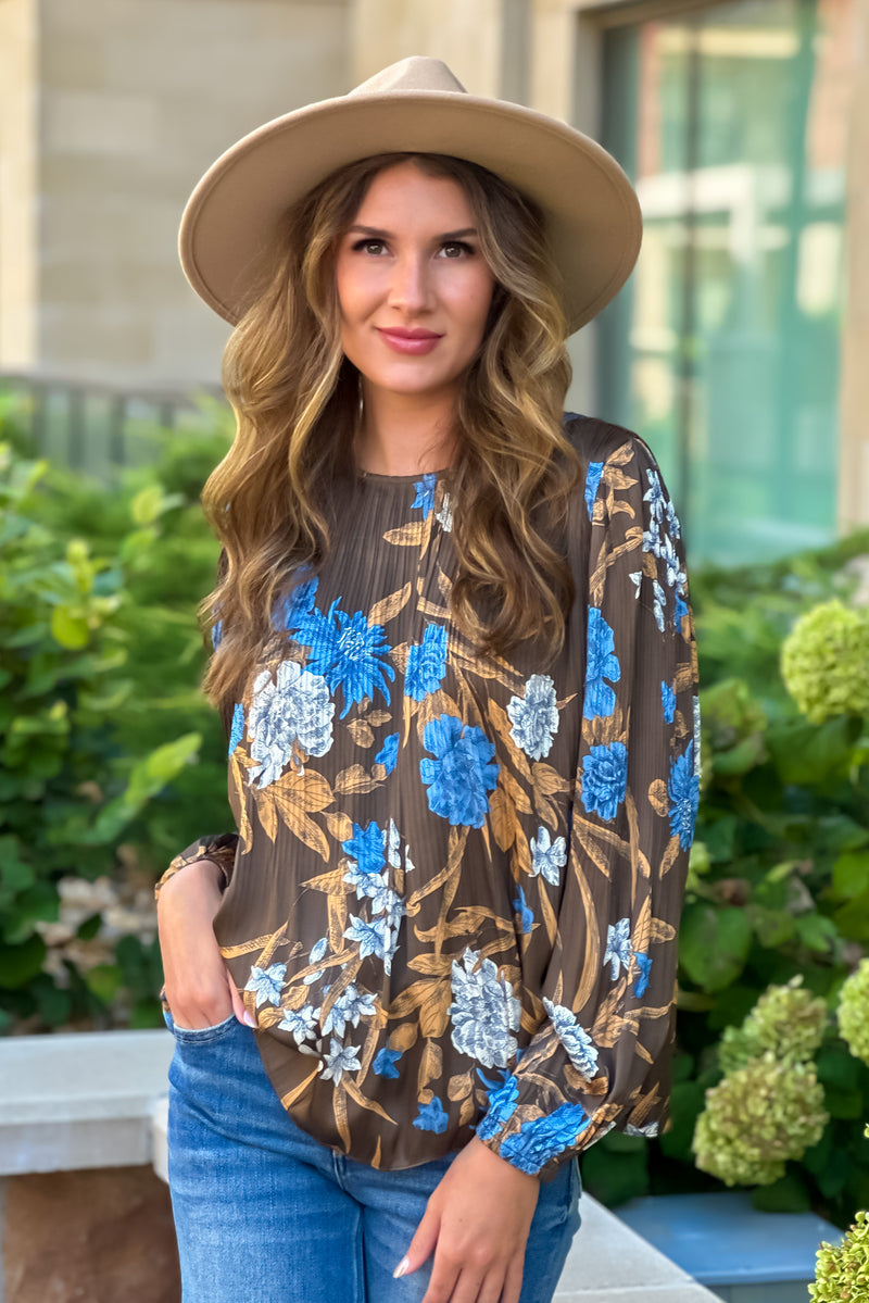 Radina Pleated Blouse : Brown Floral