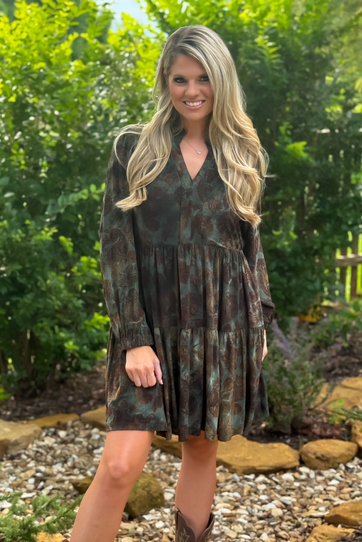 Knoxlee V neck Printed Dress : Olive