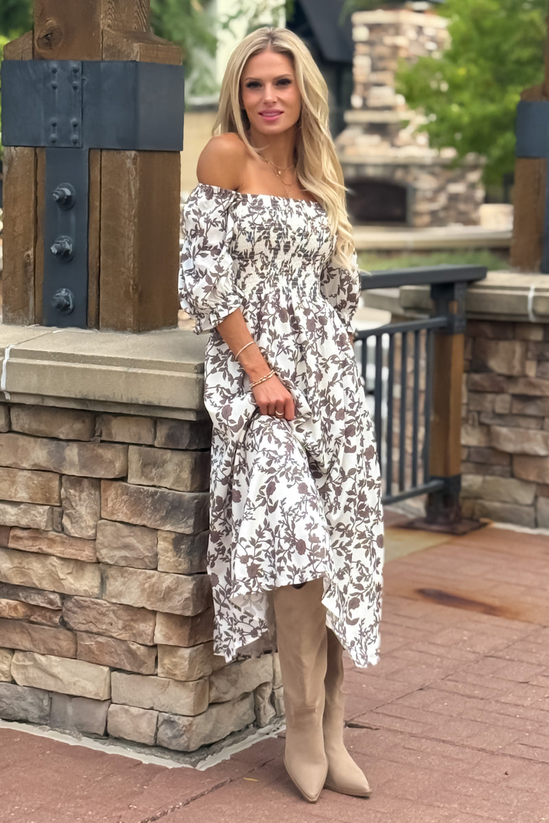 Elkie Balloon Sleeve Smocked Midi Dress : Ivory/Chocolate