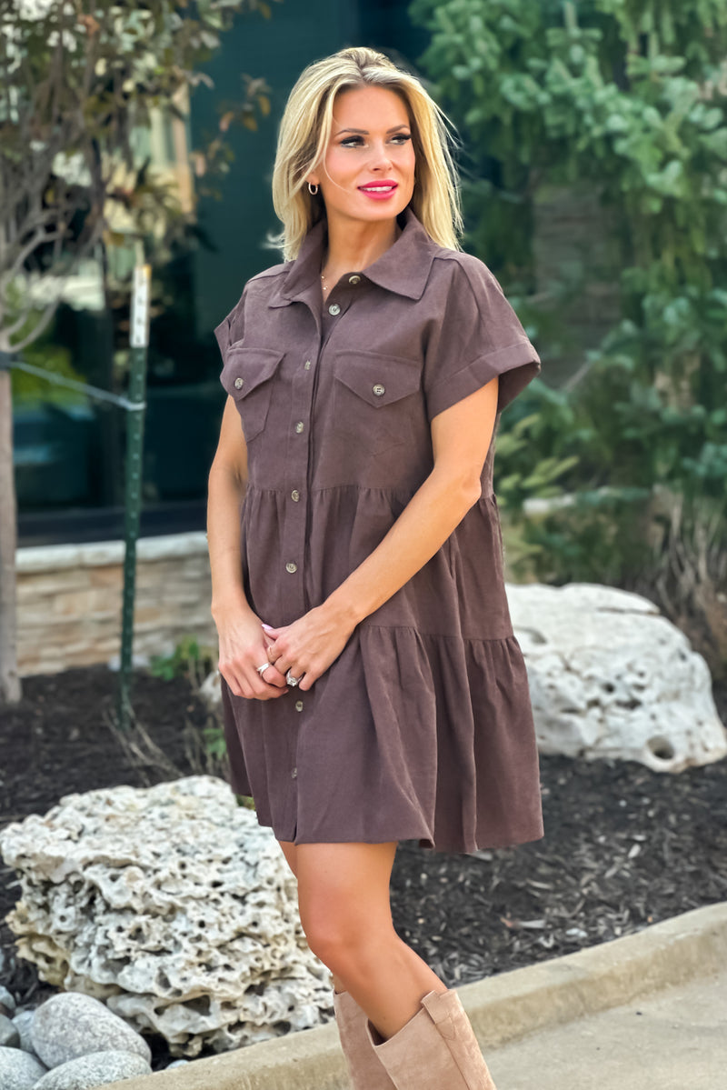 At My Best Corduroy Button Tiered Dress : Espresso