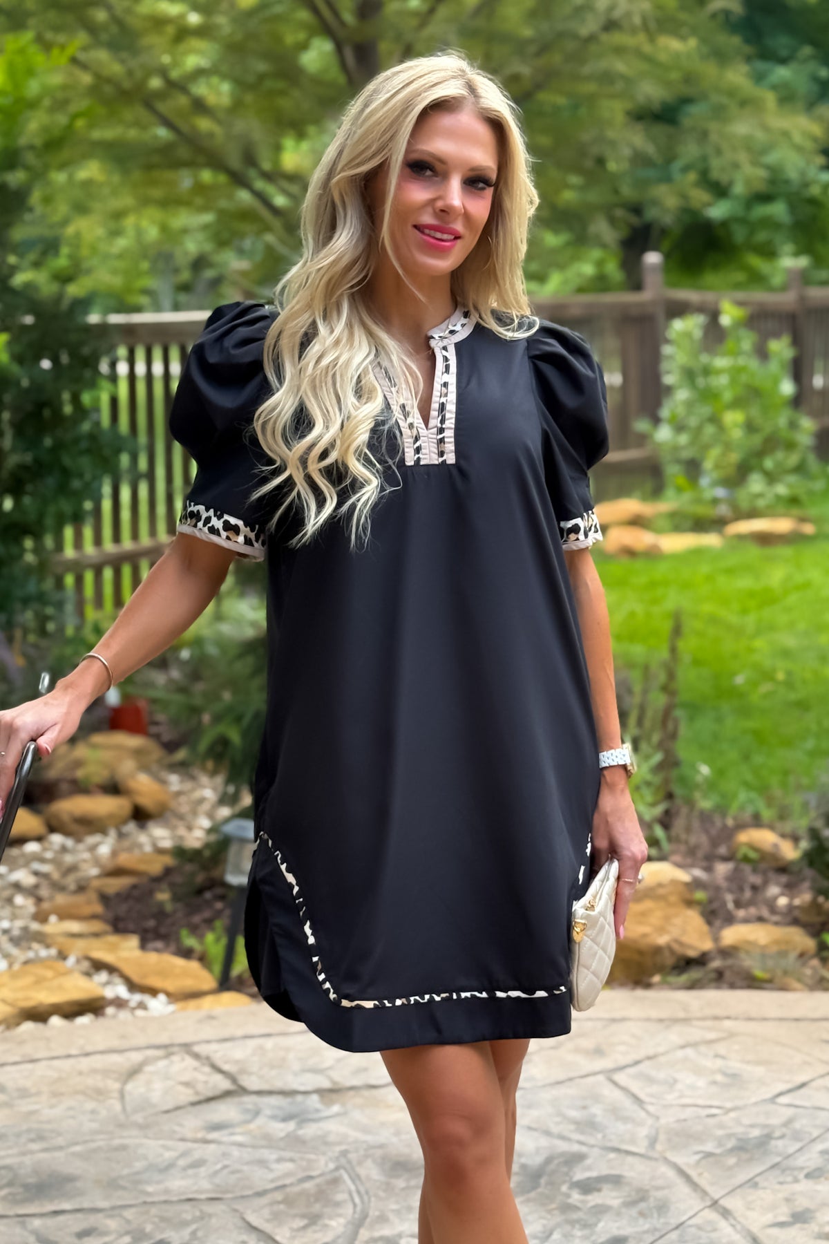 Laylee Leopard Banded Puff Sleeve Dress : Black