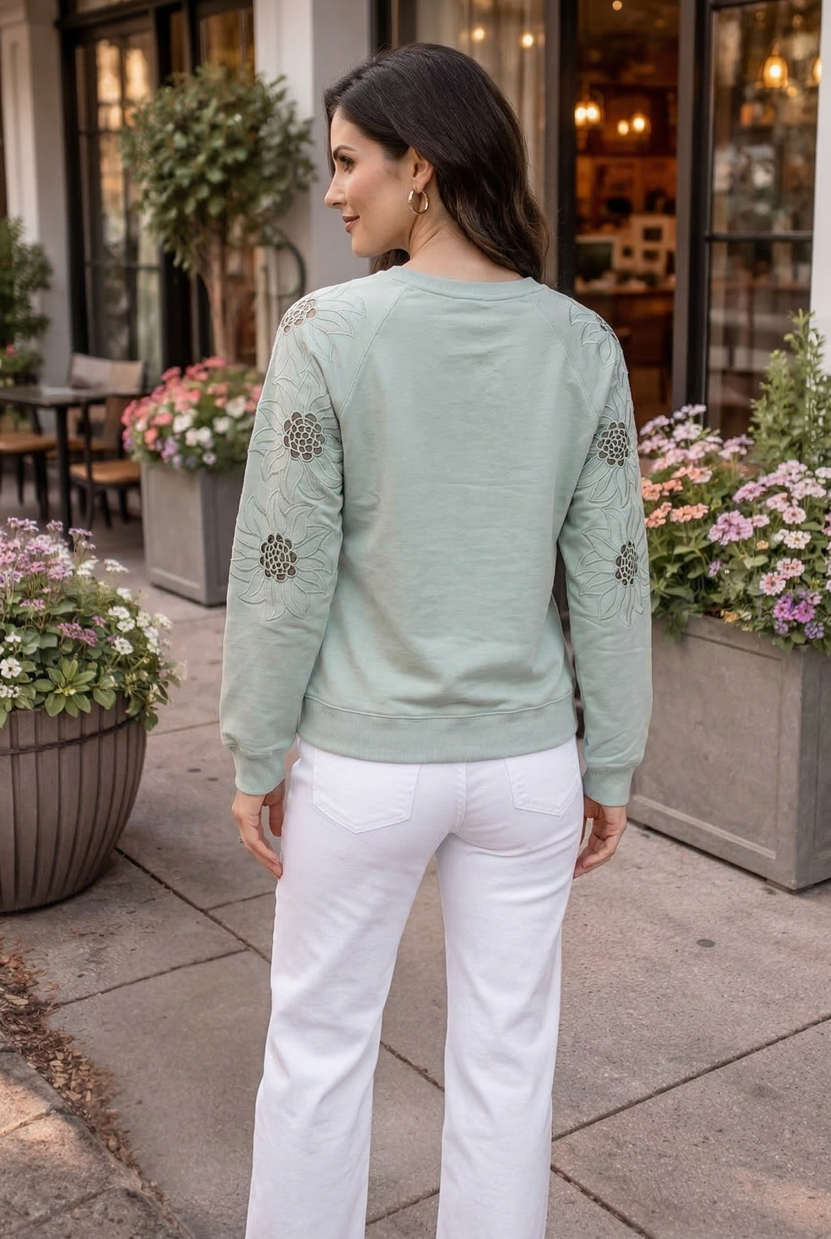 Elina Embroidered Sleeve Knit Pullover : Sage