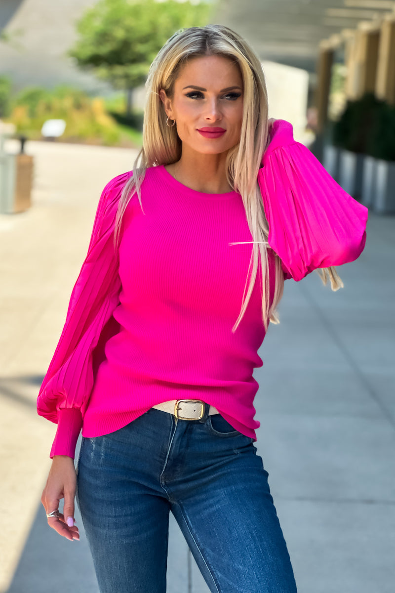 Together Again Pleated Sleeve Ribbed Sweater : Hot Pink