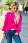 Together Again Pleated Sleeve Ribbed Sweater : Hot Pink