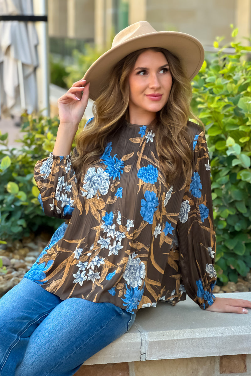 Radina Pleated Blouse : Brown Floral