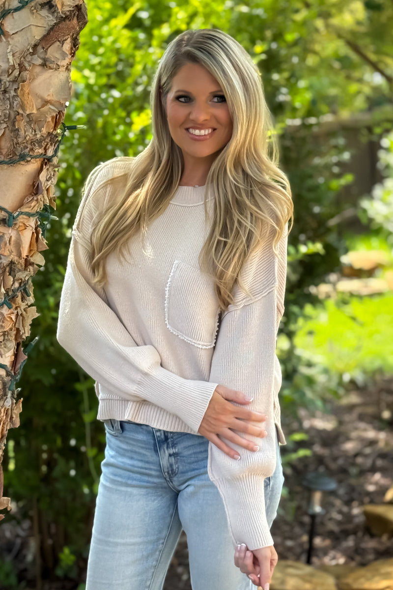Mistee Knit Sweater w/ Front Pocket : Oatmeal