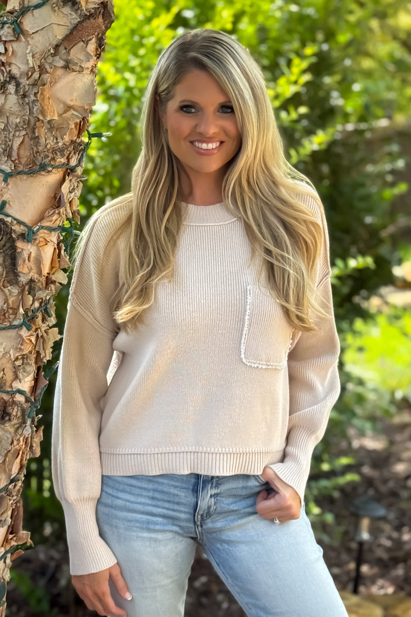 Mistee Knit Sweater w/ Front Pocket : Oatmeal