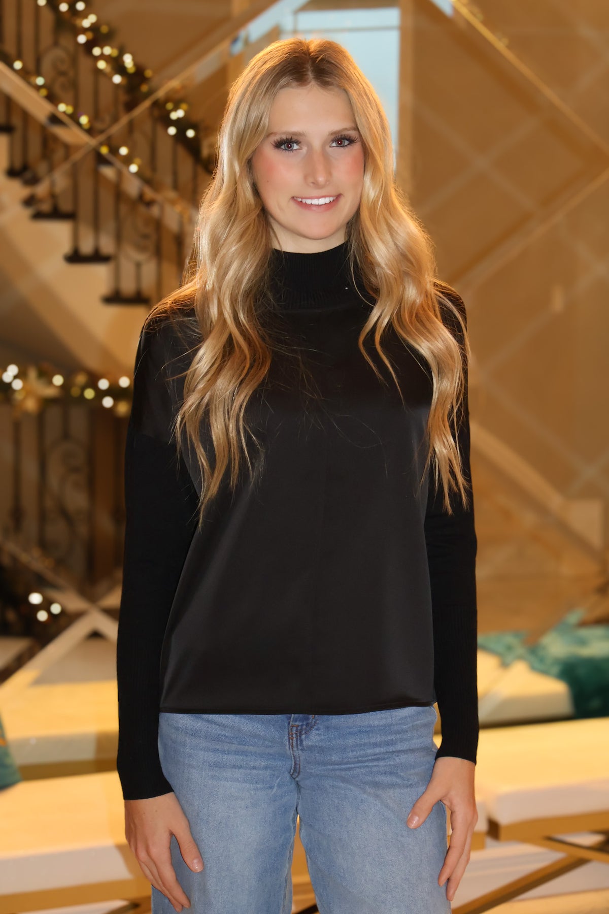 Charlie B Devyn Mock Neck Satin Knit Top : Black