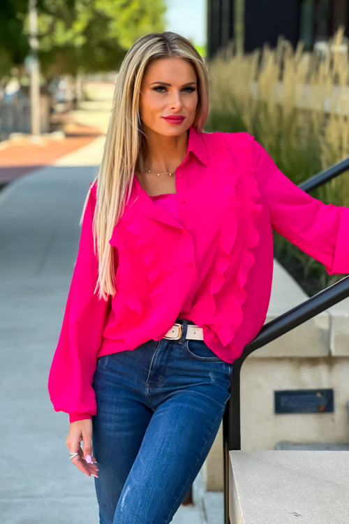 Sabrina Ruffle Button Down Shirt : Fuchsia